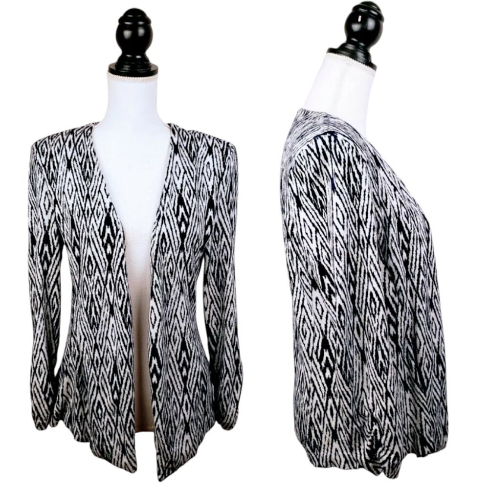 TART COLLECTIONS Blazer Jacket, Blue White Ikat Print Long Sleeve Open Career, S